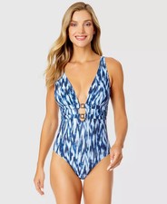 Anne Cole Womens Printed Plunge-Front One-Piece Blue White 14