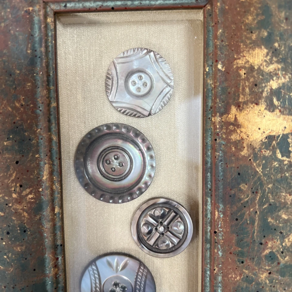 Framed Antique Mother of Pearl Buttons in Vintage Florentine Frame 12.5” - Image 3 of 4