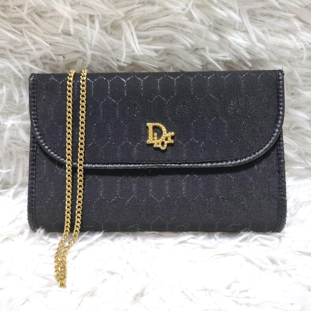 Dior Black Canvas Shoulder Bag with Gold Honeycomb Pattern 4.5x7.3 Inches