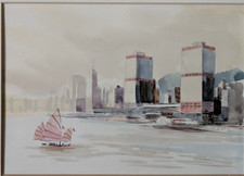 Original Chinese watercolour painting of Hong Kong's Victoria Harbour by Fung
