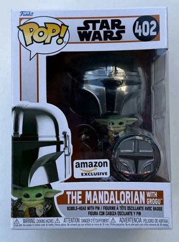 Funko Pop Star Wars 402 Chrome Mandalorian w/ Grogu & Pin Amazon W/ Protector