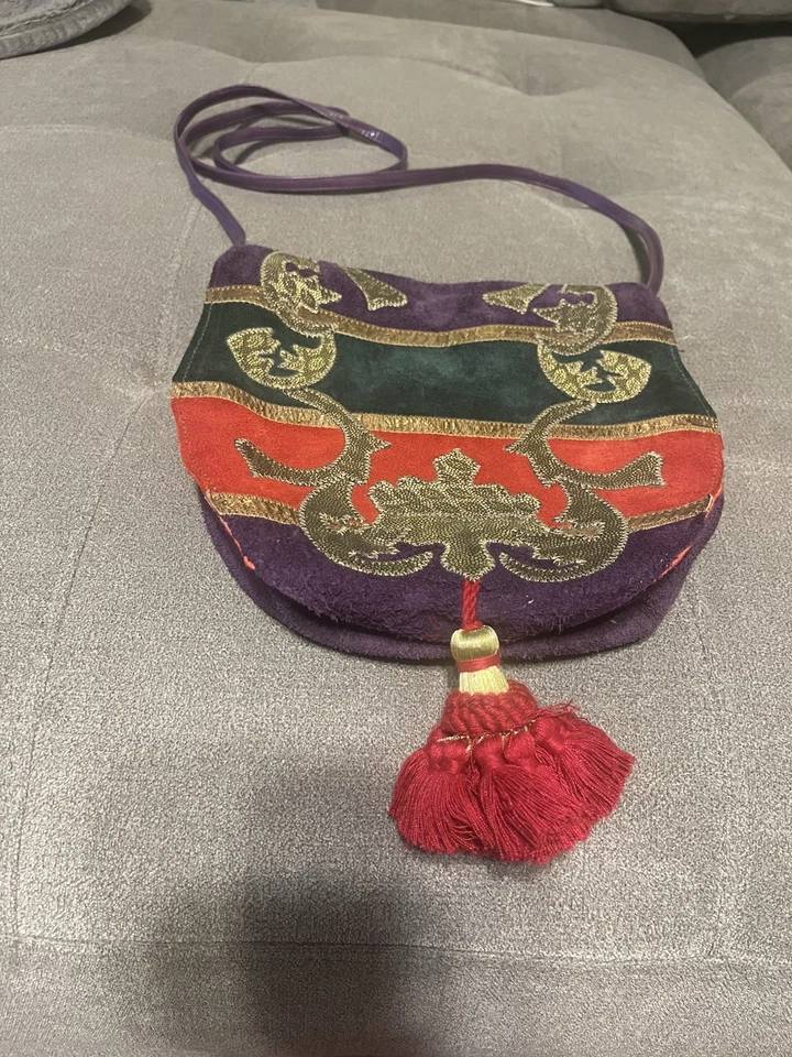 Bandolera Carlos Falchi Vintage Potli Bolso Púrpura Verde Rojo y Dorado Foto 3 de 4