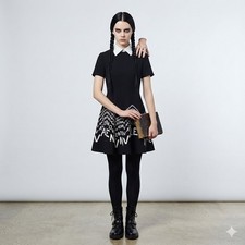 Valentino Black A-line 2019 Resort Mini Dress Wavy Logo with White Collar - S