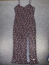 Forever 21 Black Floral Plisse Maxi Dress Women’s S Spaghetti Strap Slit Y2K