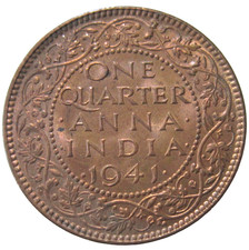 INDIA, BRITISH. 1/4 ANNA, 1941. KING GEORGE VI. UNCIRCULATED.