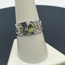 Sterling Silver 6x9mm Bezel Set Teardrop Peridot Leaf Swirl Filigree Ring Sz 9.5