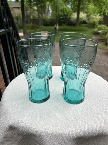 Vintage set of 4 Coke Coca-Cola Glasses Tinted Light Blue