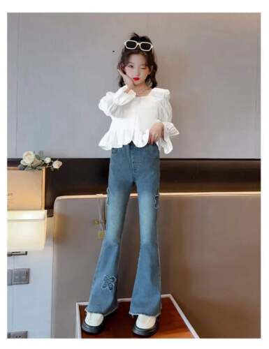 Girls Jean Flare Pants Kids Embroidery Trousers Teenagers Pant 2024 Spring Autum - Picture 13 of 18