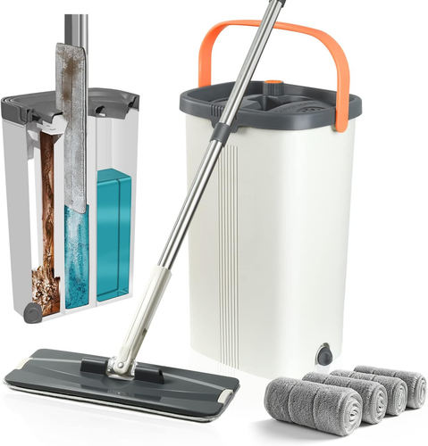 Flat Mop and Bucket with Wringer Set, Separates Dirty and Clean Water, 3-Chamber