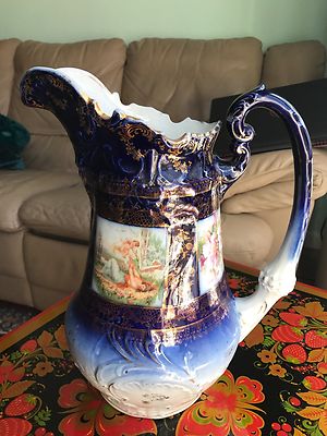 ANTIQUE LARGE LIMOGES? PORCELAIN PITCHER w/ HAND PAINTED FLOWERS HANDLE H 13''