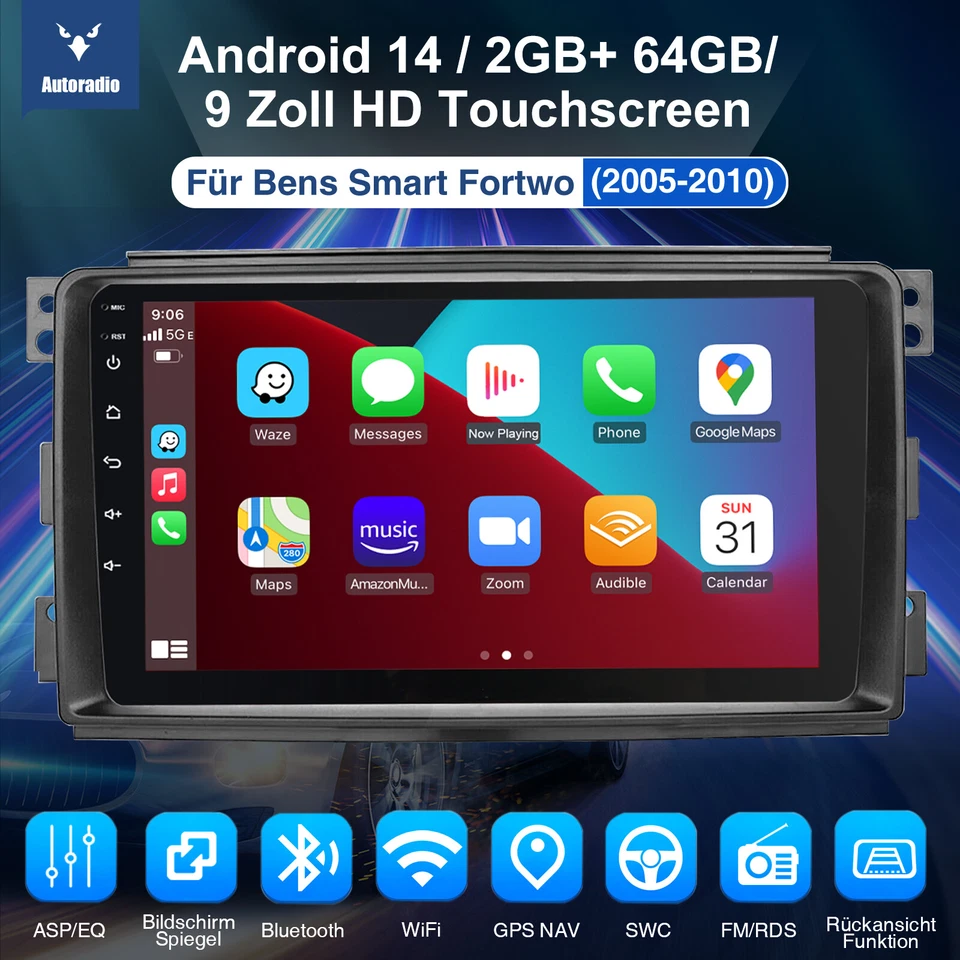 DAB+ 64G Android 14 Carplay Für Smart Fortwo 451 2005-2010 Autoradio GPS Navi BT - Bild 2 von 4