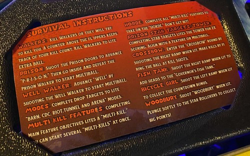 Stern Walking Dead Pinball Custom Apron Cards Set Instruction Rules Information - Picture 2 of 5