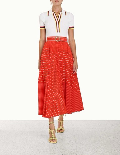 Zimmermann Skirt Top 2 Piece Set Red Polka dot Nautical Spliced Midi Size 1 Silk - Picture 8 of 20