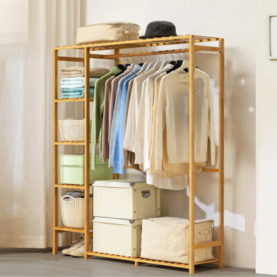 Anti-corrosion Bamboo Garment Rack Clothes Hanging Stand Shelf fr Indoor Outdoor
