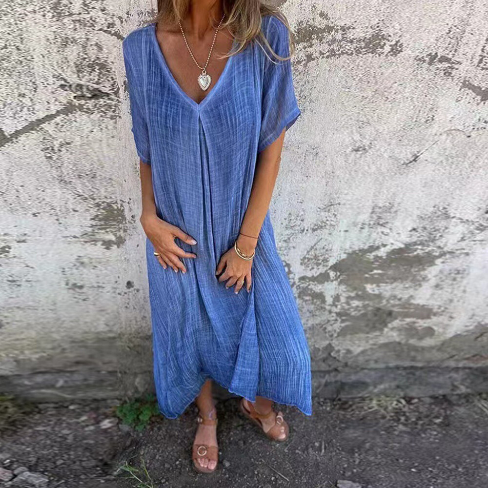 Robe D'été Baggy Pour Femmes Manches Courtes Coton Et Lin Col En V