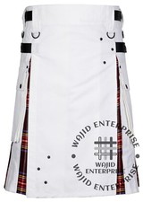 Scottish White Cotton Under Black Stewart Tartan Hybrid utility Kilt for Men's