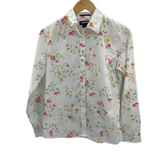 Lands' End Button Front Shirt Womens 6 White Floral Print Supima Cotton