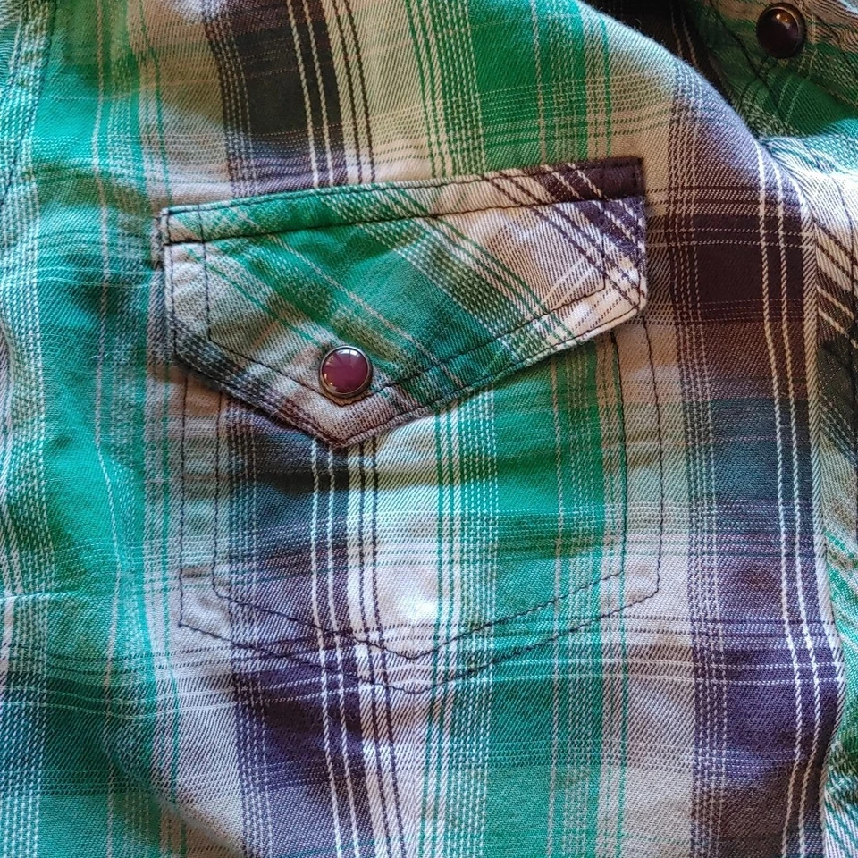 Cruel Girl Shirt Womens Medium Green Purple Plaid Western Snap Long Sleeve - Image 4 of 4