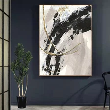 Hand-painted Oil Painting Black and White Gray Abstract Gold Foil  Room