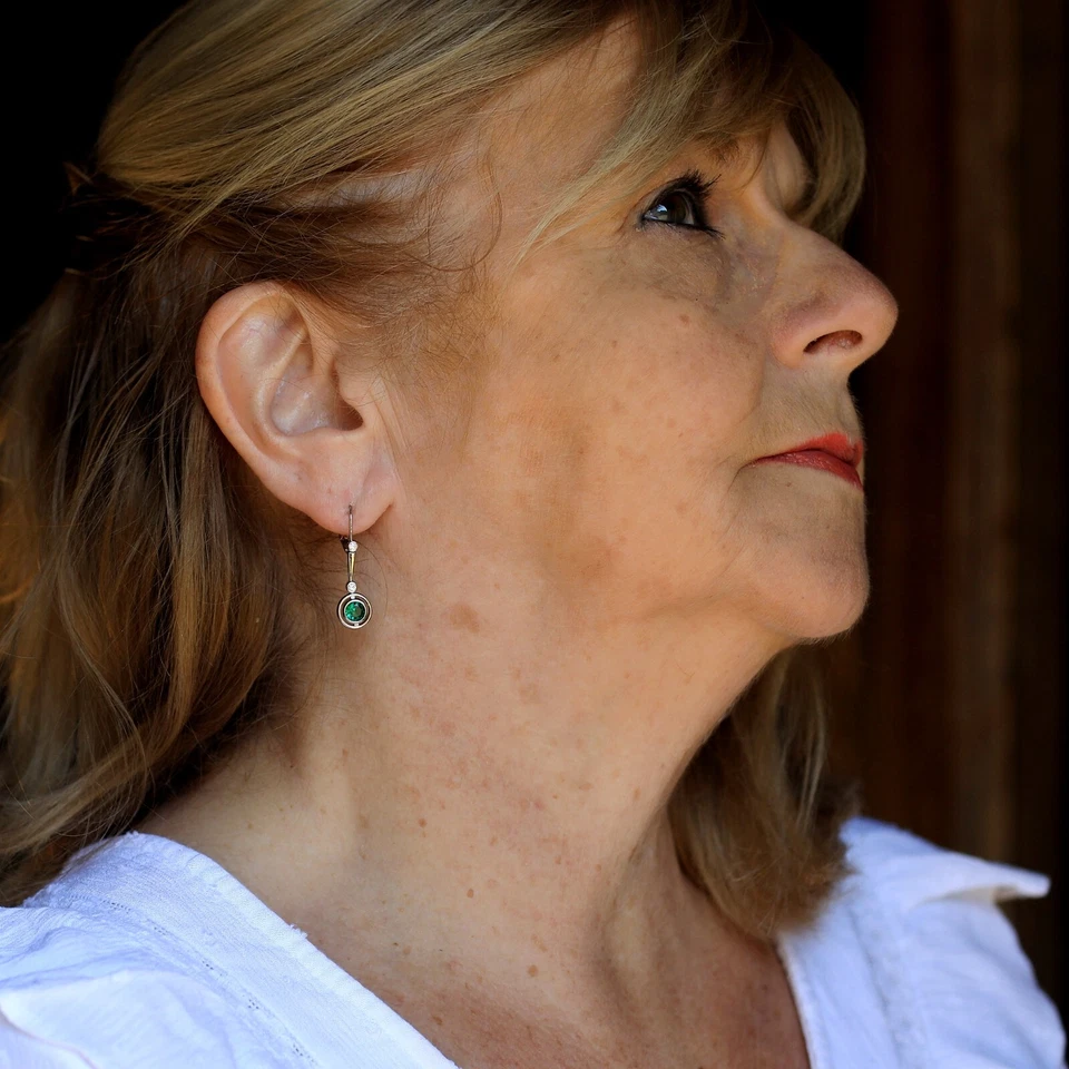 Ohrringe Schlafend Silber Antik Art Deco Rund CZ Grün Fein SC1 - Bild 2 von 4