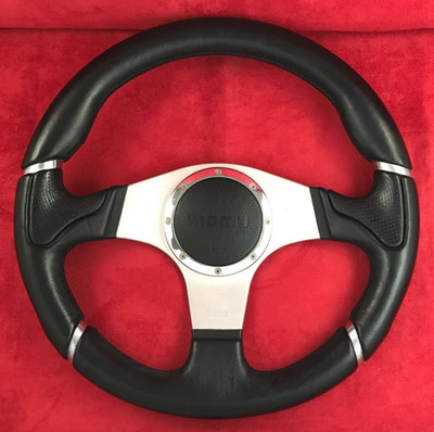 Genuine Momo Millennium black leather, 3 spoke, 350mm steering wheel. Retro 7C