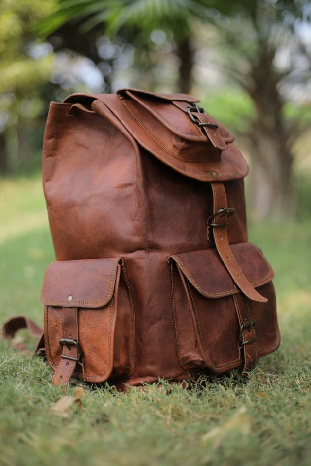 30" Men's Large Real Vintage Leather Backpack Brown Travel Rucksack Laptop Bag - Image 4 of 4