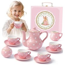Porcelain Tea Party Set for Little Princess, Kids, Toddlers - 13Pcs Pink Heart