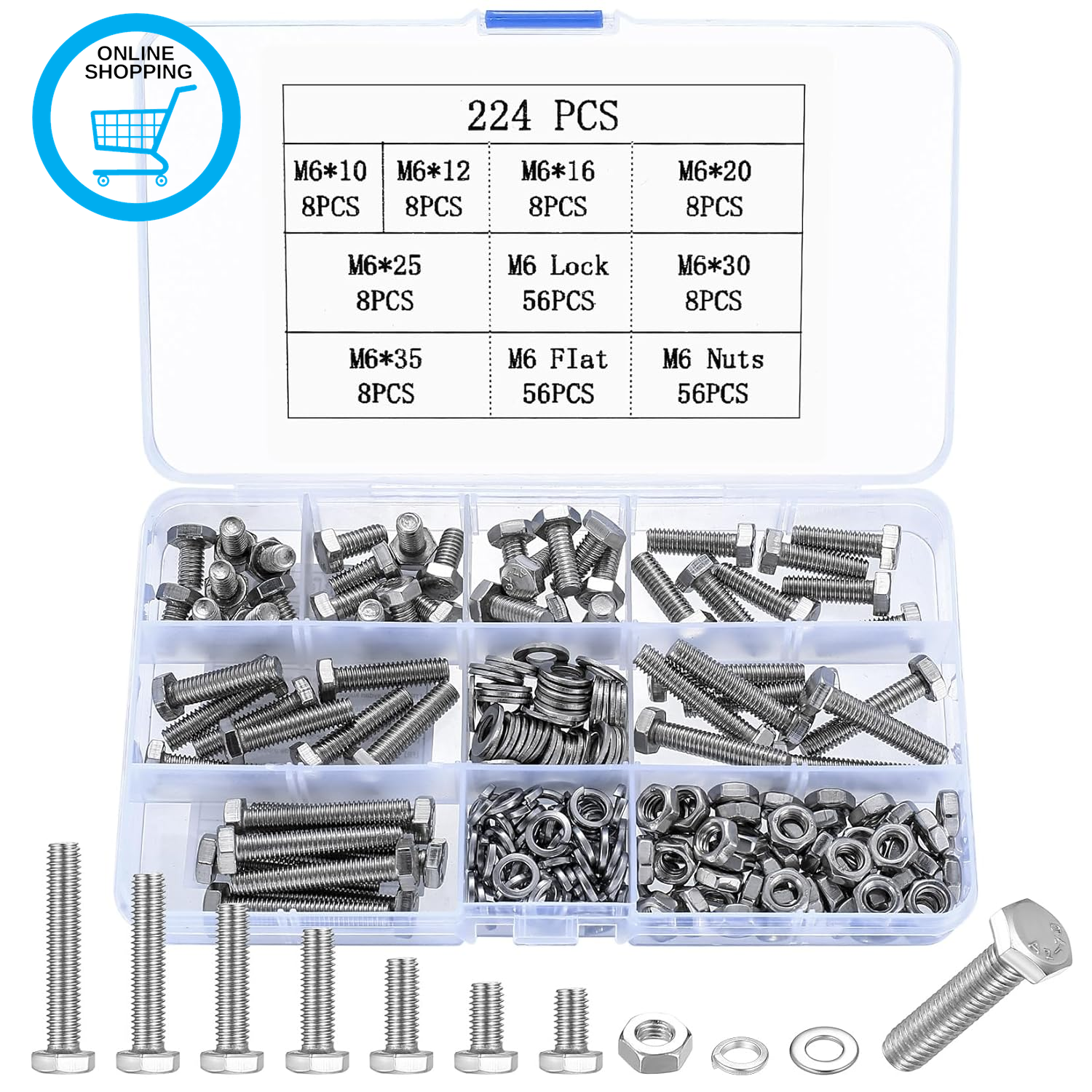 224 Pcs M6 Bolts and Set, Flat Hex, M6 Hex Bolts Sets, Metric Assorted Nuts and