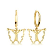 Yellow Gold Butterfly Nature Drop Huggie Hoop Earrings