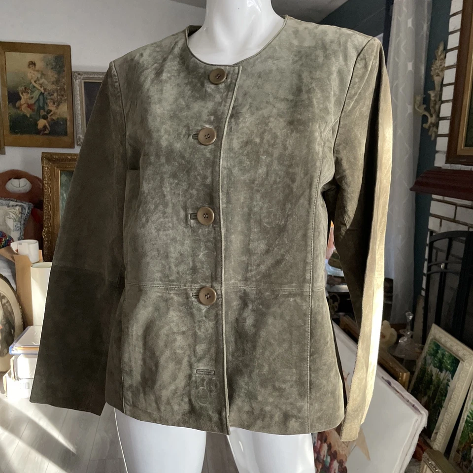 Chaqueta de Gamuza Coldwater Creek Verde Abotonada Ajustada Western Moto Office Petite L Foto 2 de 4