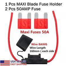 2pcs Red 50Amp Maxi Blade Fuses with Waterproof 8AWG Gauge In-line Fuse Holder
