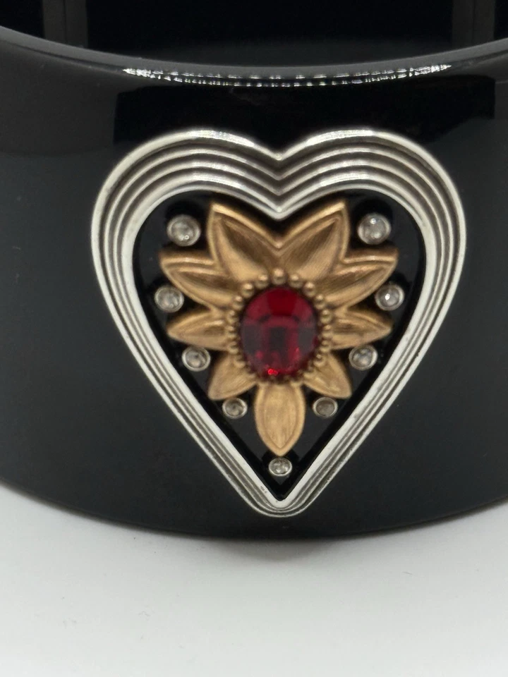 Brighton Monarch Love 黑色色调铰边宽手镯手链心形水钻 — 第 3/4 张图片