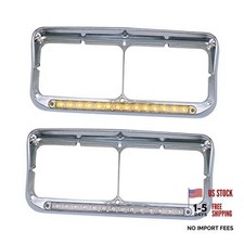 2x Chrome Headlight Bezels 12" Amber LED Light with Visor Amber LED Clear Lens