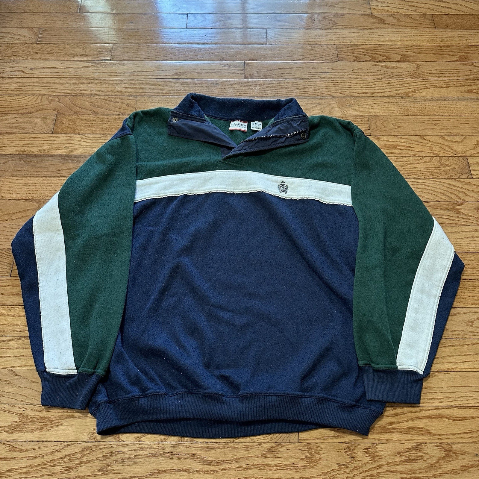 Vintage Bugle Boy Fleece Sweatshirt Mens XL Green Navy 1/4 Quarter Zip Y2K 90s