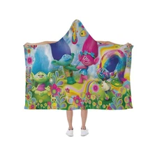New! Happy DreamWorks Trolls Print Hooded Blanket Soft Fleece Lining Wearable