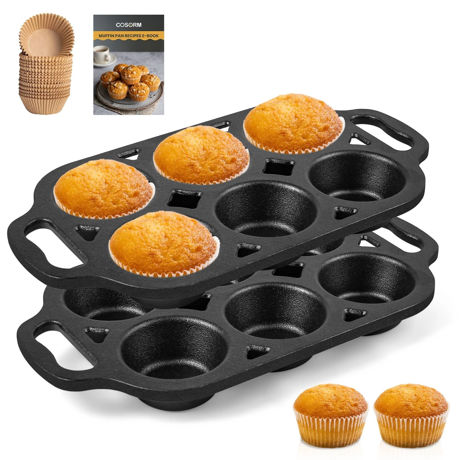 Pre-Seasoned Cast Iron Muffin Pan - 6-Cup Nonstick Cupcake Pan, 2 Piece Set