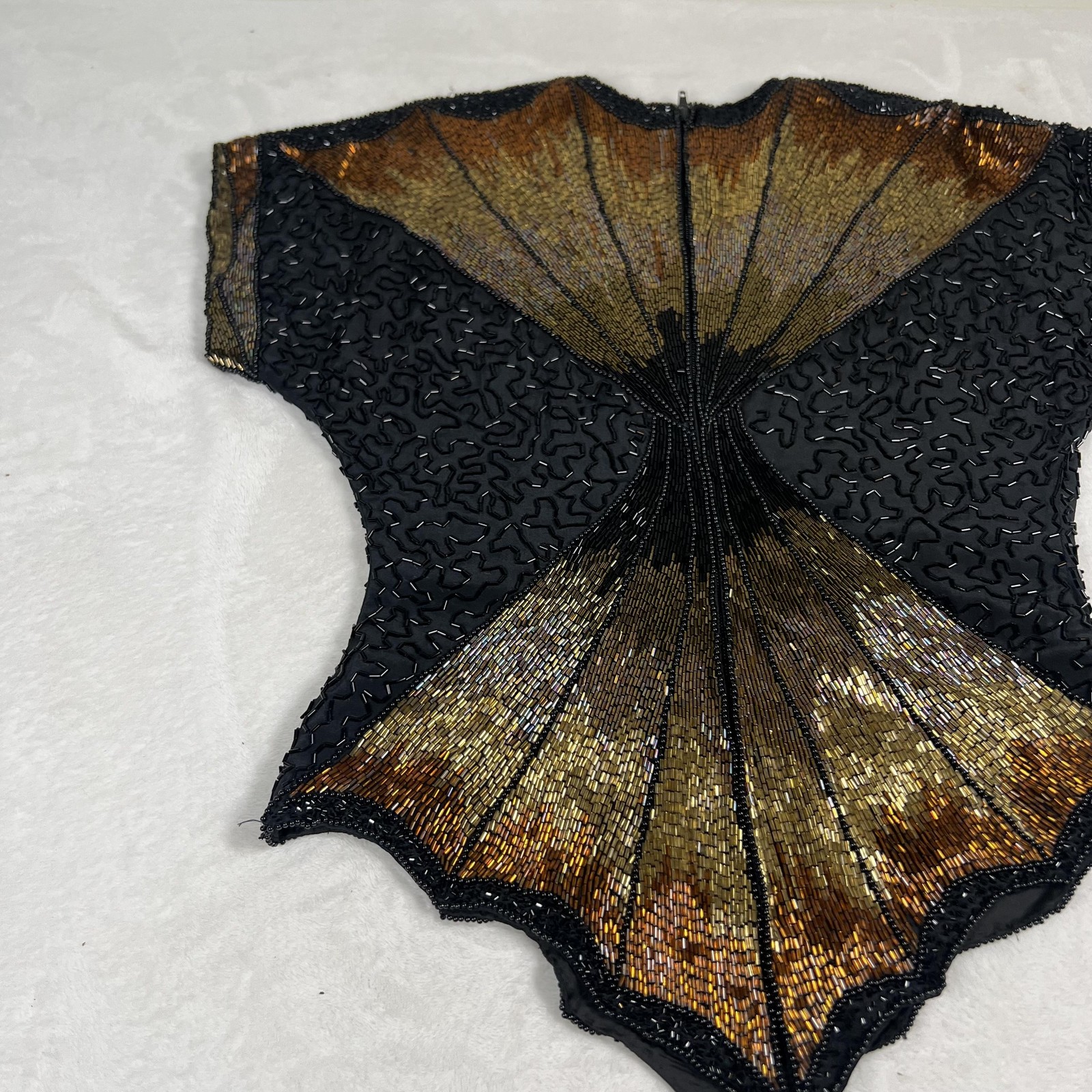 Vintage Oleg Cassini Shirt Womens Small Black Gold Beaded Silk Evening Top 80s