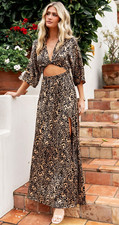 Baltic Born Black/Beige Animal Print V-Neck Wrap Maxi Dress Sheer S