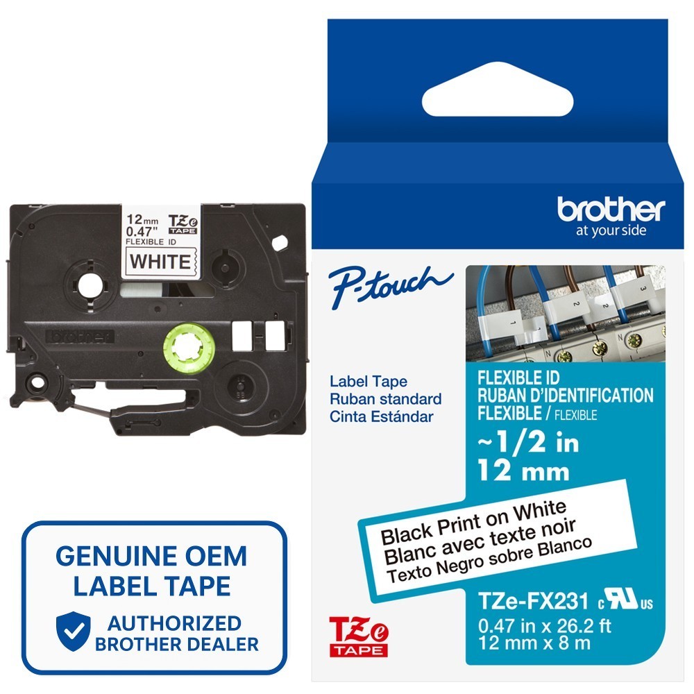 Genuine Brother TZe-FX231 Flexible ID Black on White 12mm 1/2" Label Tape
