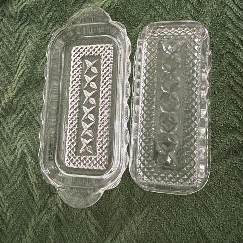 Anchor Hocking Vintage Wexford Cut Glass Covered Butter Dish Diamond XXX Pattern