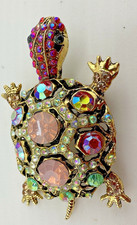Rhinestone Turtle Brooch Colorful Crystal Tortoise Pin Gold Tone Brand New