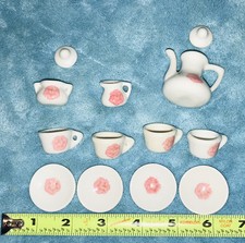 Miniature Tea Set. White w/Pink Flower. Teapot, Creamer, Sugar, 4 Cups  Saucers