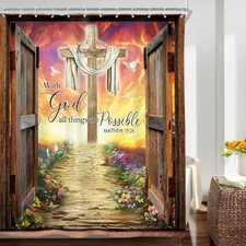 Bible Verse Rustic Barn Door Cross Shower Curtain Inspirational Quote Positiv...