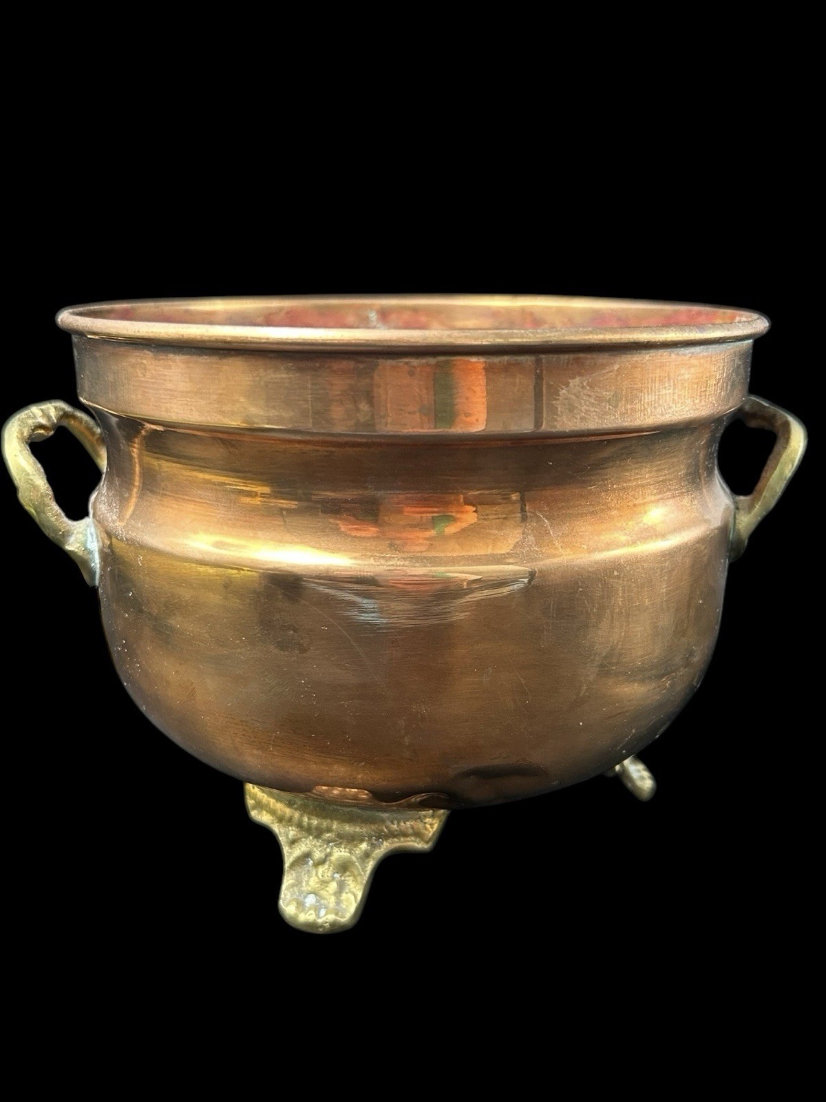 Vintage Handmade Pot Belly Copper Planter Rolled Edge w Brass Feet & Handles 5x6