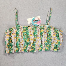 RHODE Green Floral Crop Bra Tank Top Size XL Ruffle Adjustable Strap Cotton New