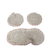Vintage Hand-Crocheted Doily Set Of 3 With Pink Trim