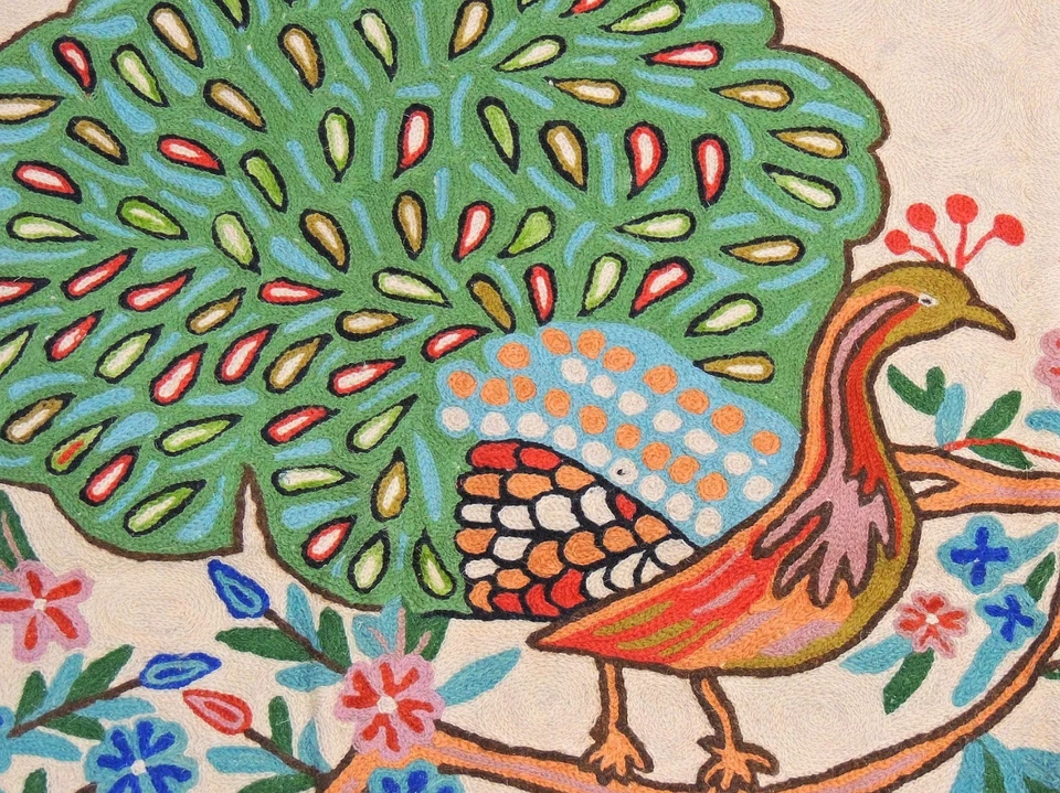 Alfombra Decoración Pared Pavo Real Marfil Alfombra Tapiz Bordado Crewel 48"x30" Foto 3 de 4