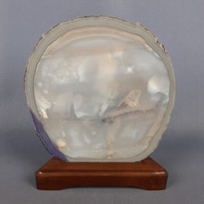 Tranche De Pierre D'Agate Naturelle Sur Base En Bois Objet Décoratif Vintage