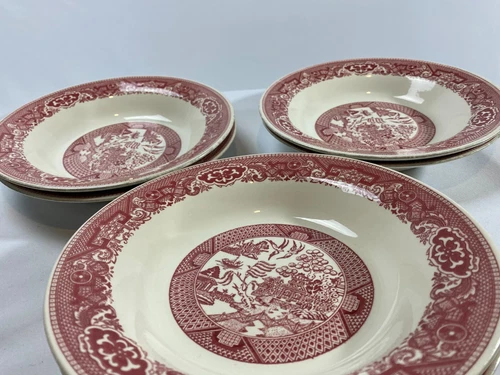 Set Of 6 Vintage Pink/ Red Willow Ware by Royal China Bowl (8.5in x 1.5in)