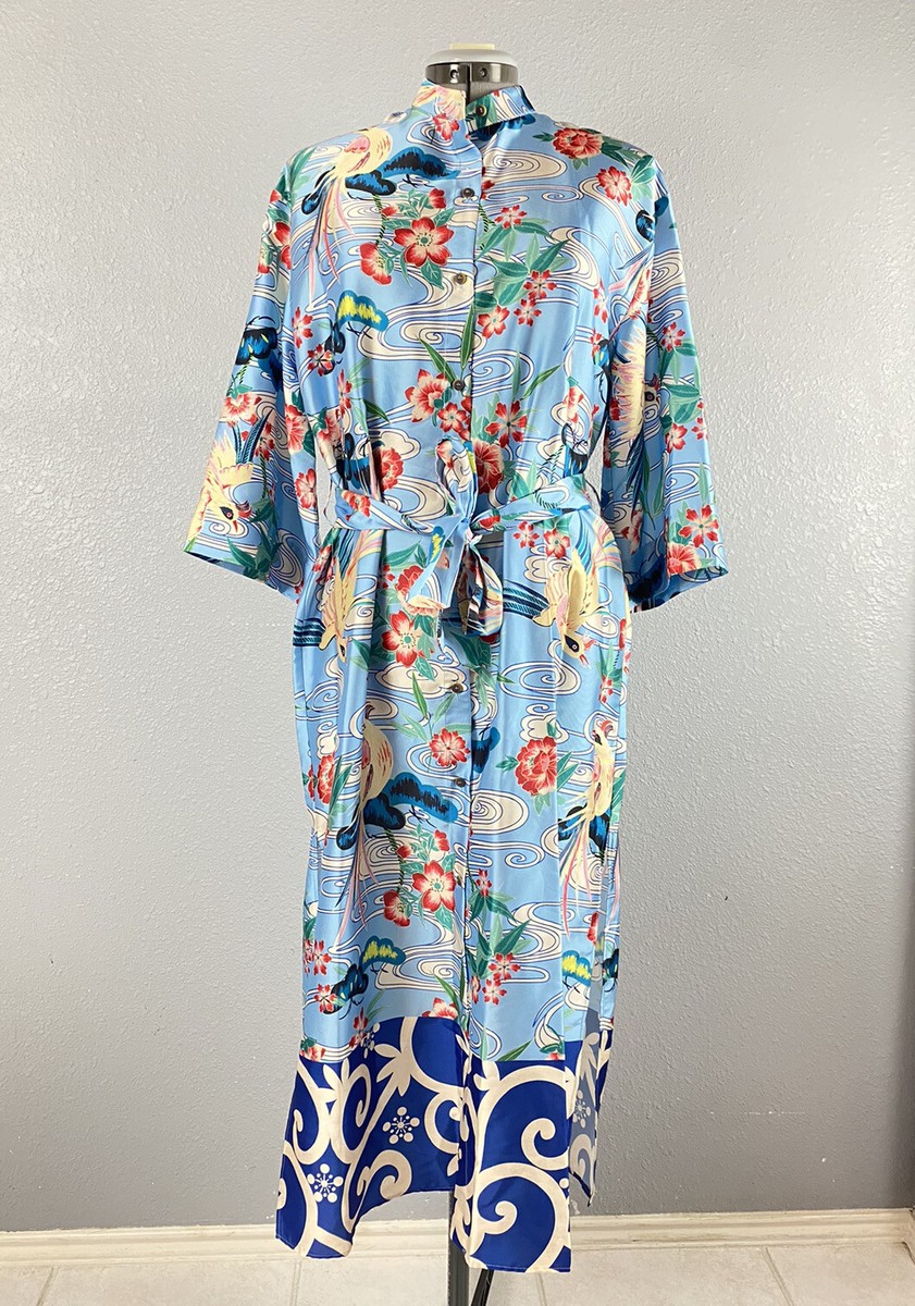 Zara Women's Printed Kimono Blue Shirt Dress With Belt 8450